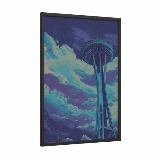 Neon Seattle Needle framed space needle (seattle) print — black wood frame — purple and teal palette