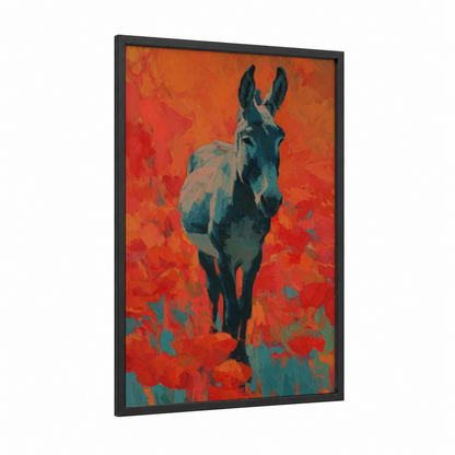 Crimson Mule framed art print — black wood frame — red and orange palette