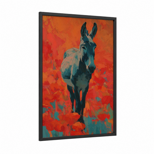 Crimson Mule framed art print — black wood frame — red and orange palette
