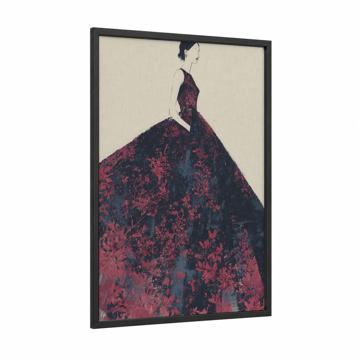 Crimson Gown Silhouette framed fashion illustration print — black wood frame — maroon and black palette