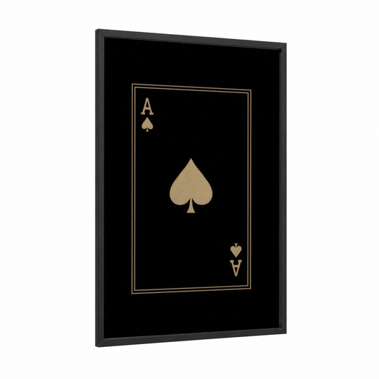 Ace of Spades framed card game print — black wood frame — black and gold and gold palette