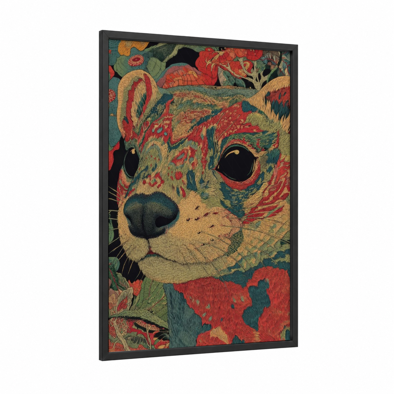 Crimson Weasel framed art print — black wood frame — red and teal palette