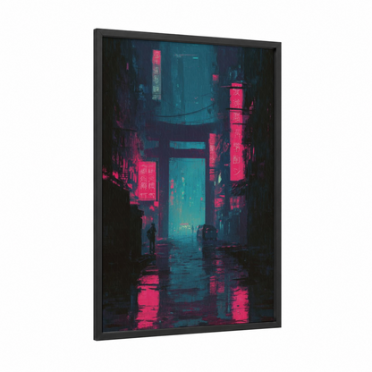 Neon Gateway framed art print — black wood frame — magenta and dark blue palette