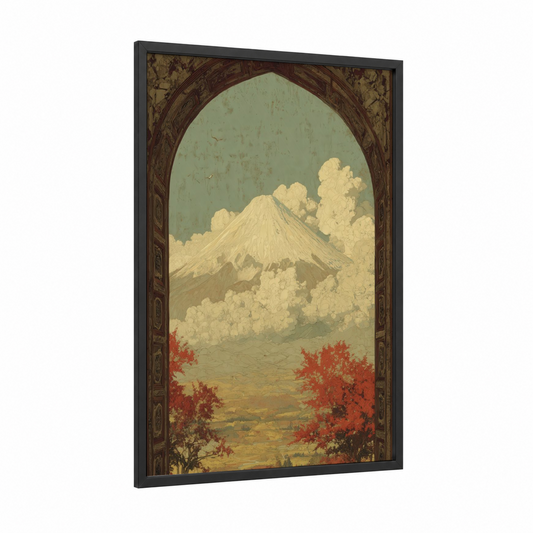 Autumn Mount Fuji framed art print — black wood frame — sage green and gold palette