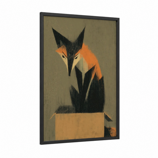 Geometric Fox framed art print — black wood frame — orange and black palette
