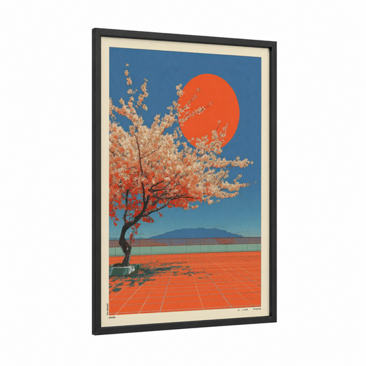 Crimson Sunset Tree framed japanese y2k print — black wood frame — red and blue palette