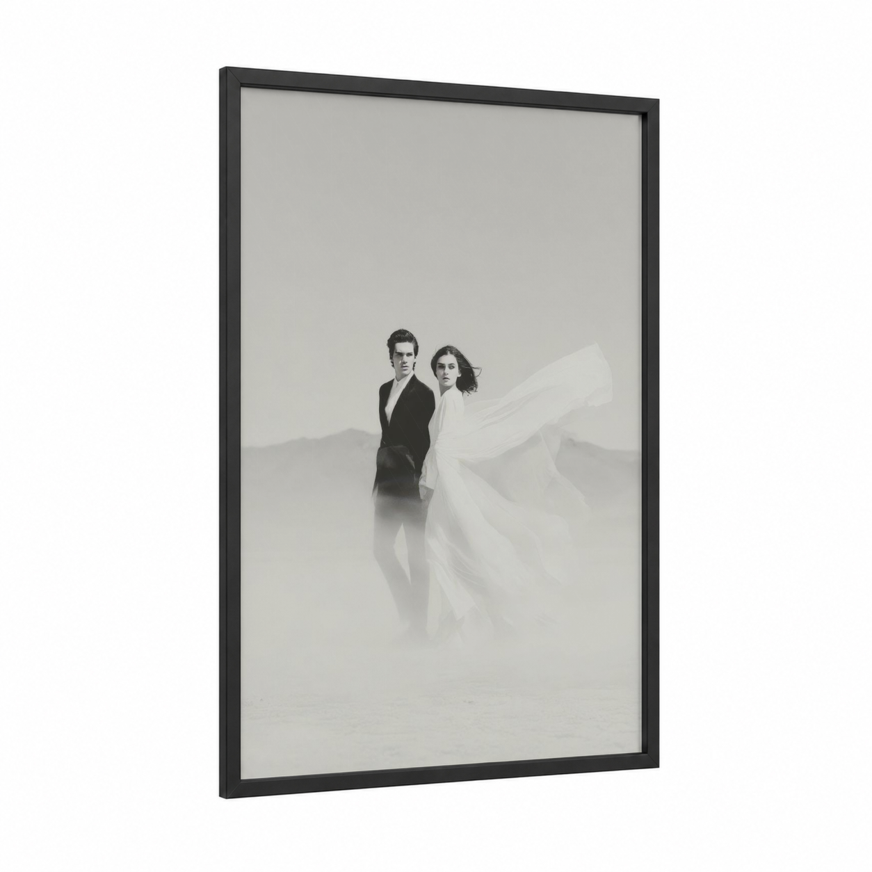 Desert Bride Couple framed groom and bride print — black wood frame — black and white and gray palette