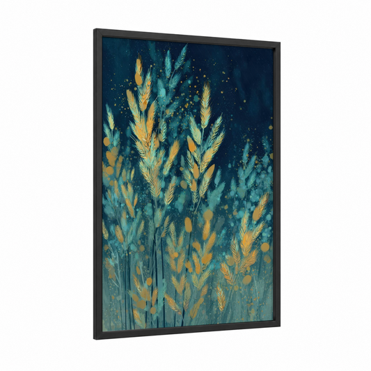 Starlit Grain Field framed art print — black wood frame — gold and teal palette
