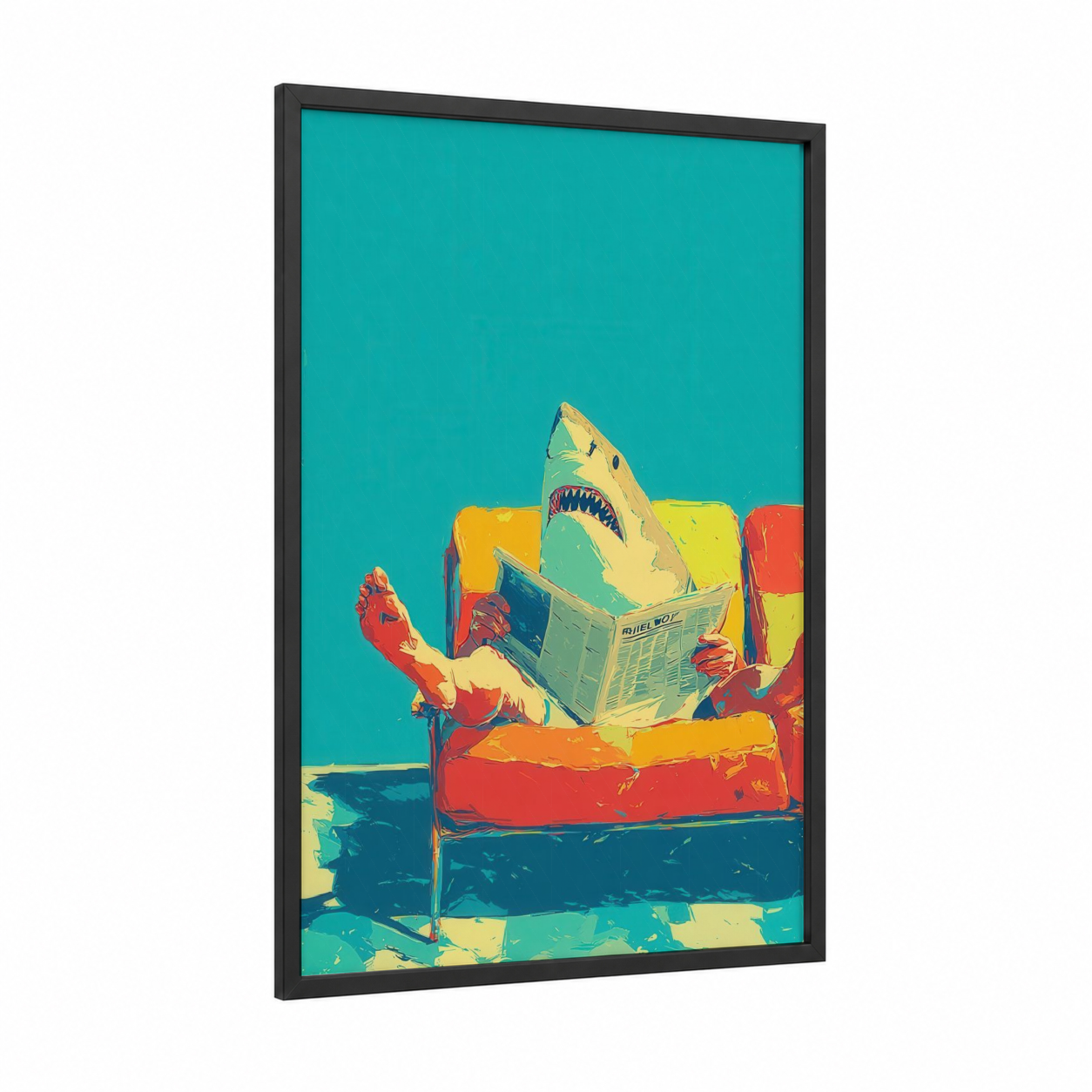 Reading Shark framed great white shark print — black wood frame — turquoise and yellow gold palette