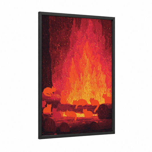 Inferno Fireplace framed art print — black wood frame — red and orange palette