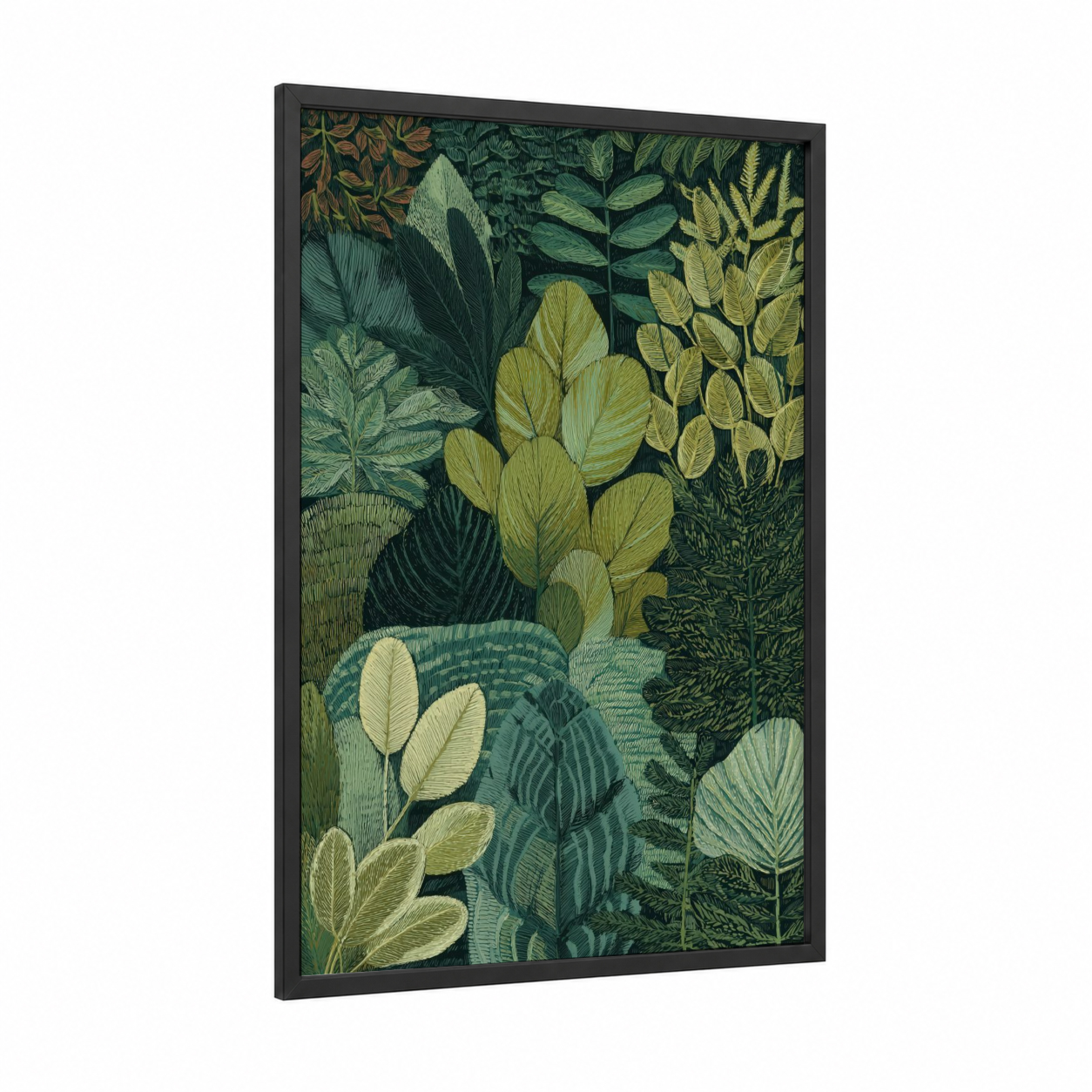 Botanical Leaf Garden framed art print — black wood frame — dark green and light green palette