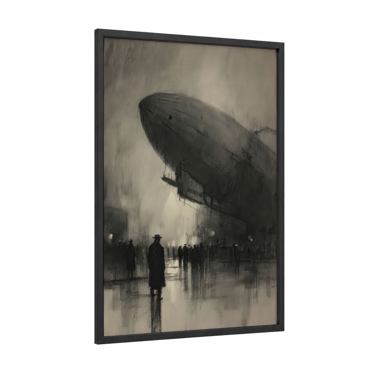 Moody Airship framed art print — black wood frame — black and white and gray palette