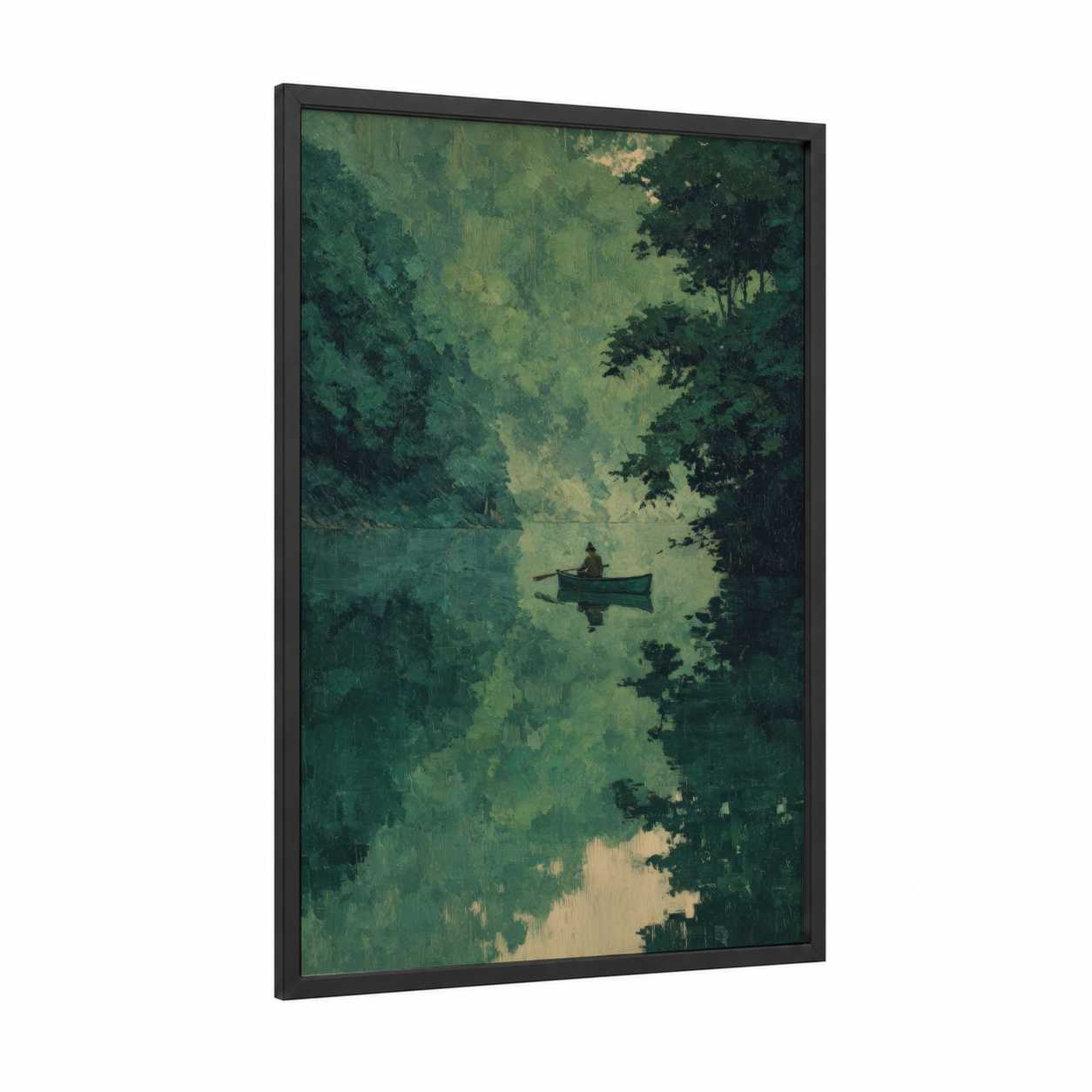 Solitary Kayaker framed kayaks and canoes print — black wood frame — green and cream palette