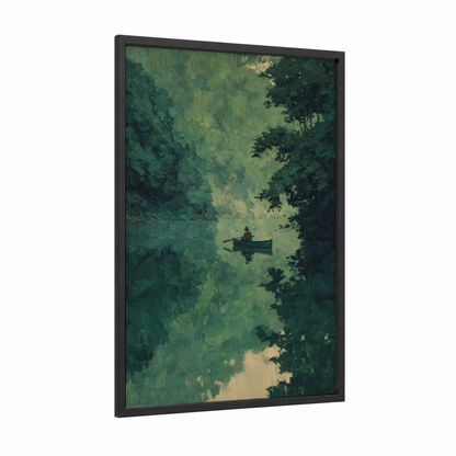 Solitary Kayaker framed kayaks and canoes print — black wood frame — green and cream palette