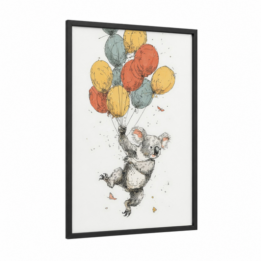 Whimsical Koala Balloons framed art print — black wood frame — gold and peach palette