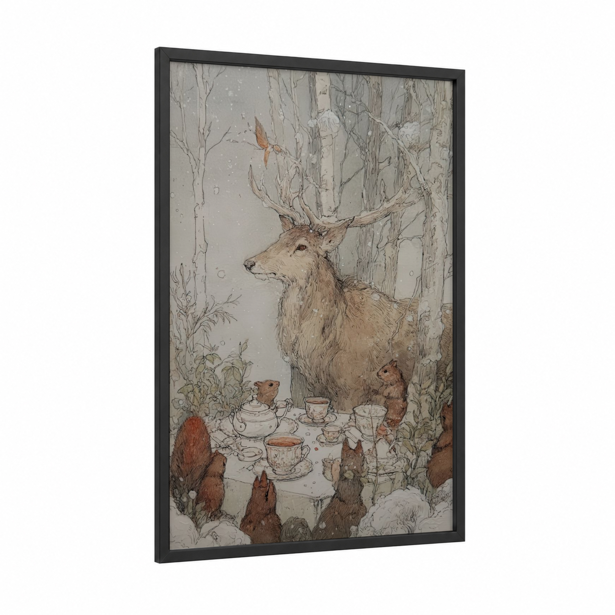 Woodland Reindeer Tea Party framed art print — black wood frame — cream and russet palette