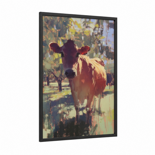 Golden Pasture Cow framed jersey cow print — black wood frame — gold and green palette