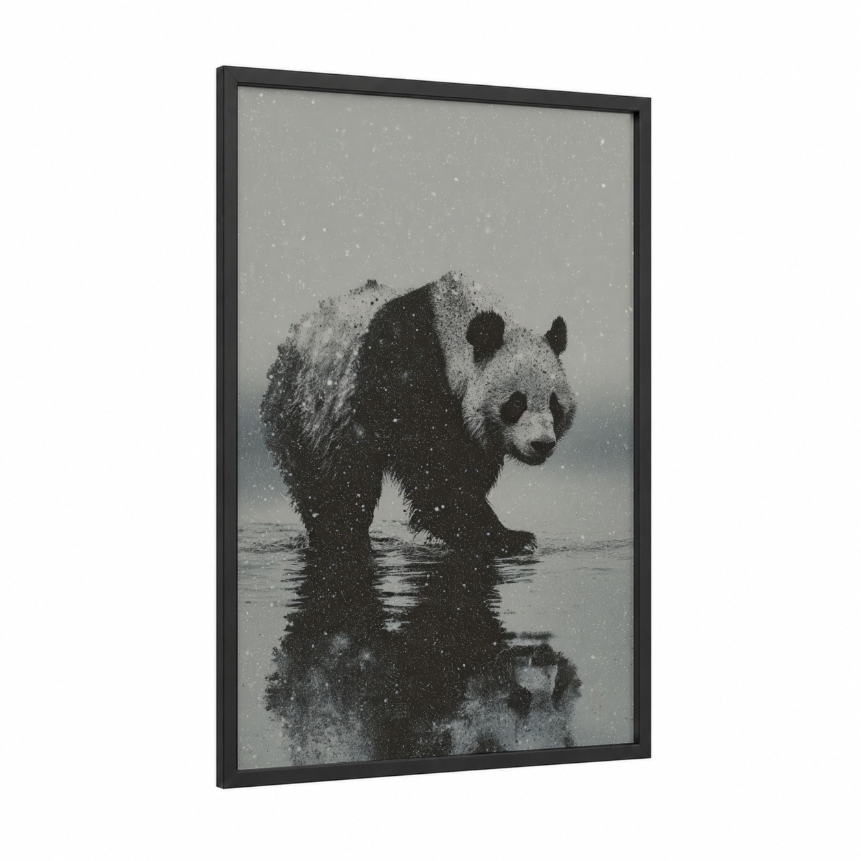 Snowy Panda framed art print — black wood frame — gray and black and white palette