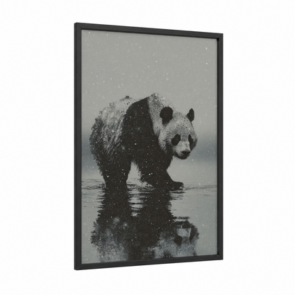 Snowy Panda framed art print — black wood frame — gray and black and white palette