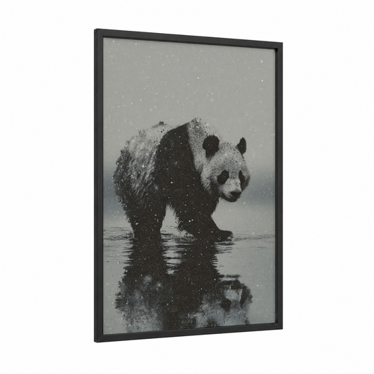 Snowy Panda framed art print — black wood frame — gray and black and white palette