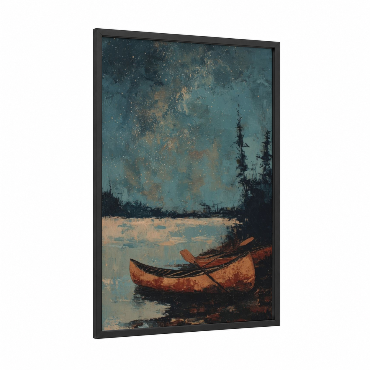 Twilight Kayak framed kayaks and canoes print — black wood frame — blue and gold palette