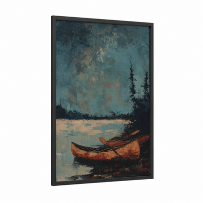 Twilight Kayak framed kayaks and canoes print — black wood frame — blue and gold palette