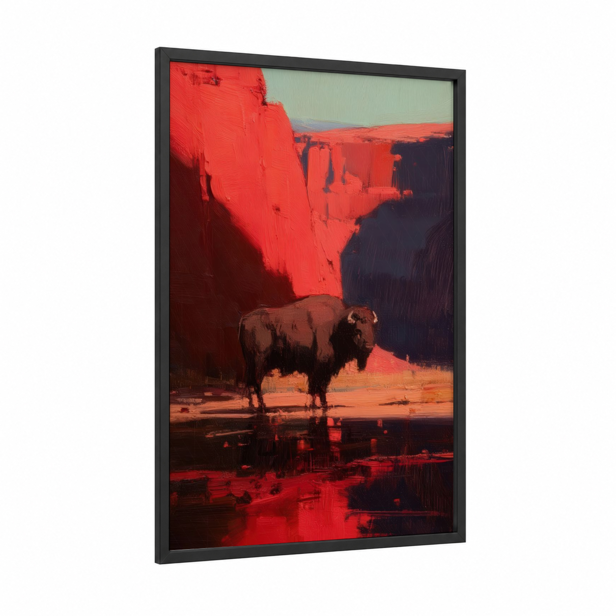 Desert Bison framed art print — black wood frame — red and orange palette