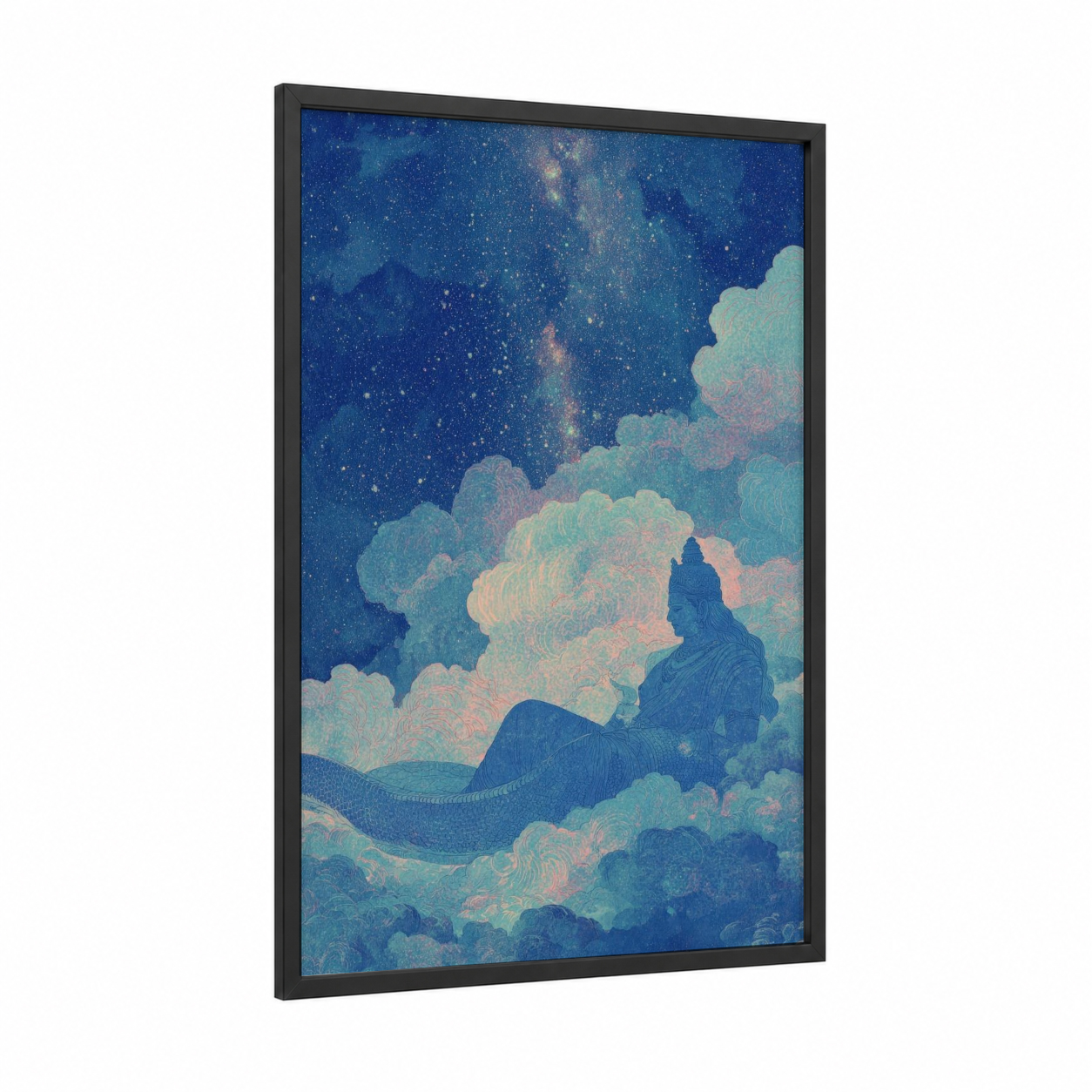 Cosmic Meditation framed hinduism print — black wood frame — dark blue and peach palette