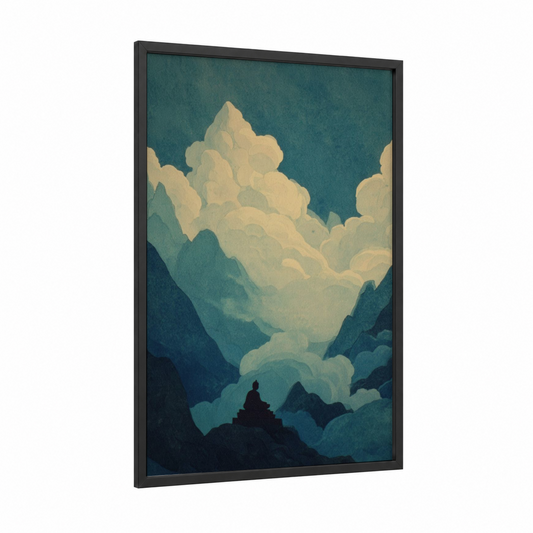 Meditative Summit framed yoga print — black wood frame — teal and cream palette