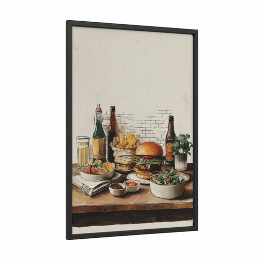 Casual Feast Table framed fast food print — black wood frame — cream and brown palette