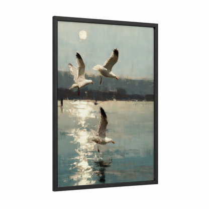 Misty Morning Seagulls framed art print — black wood frame — gray and white and blue and white palette