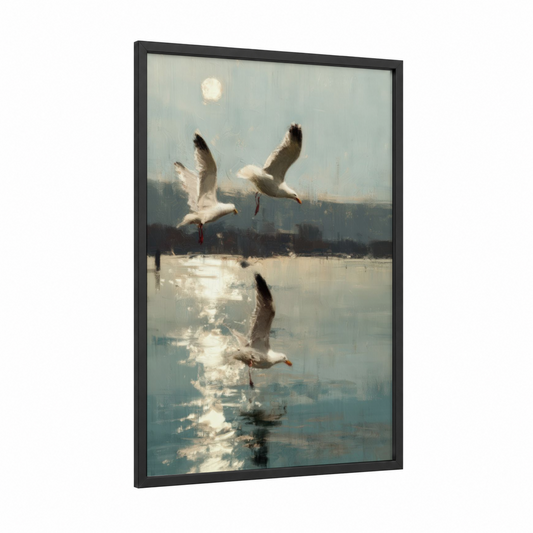 Misty Morning Seagulls framed art print — black wood frame — gray and white and blue and white palette