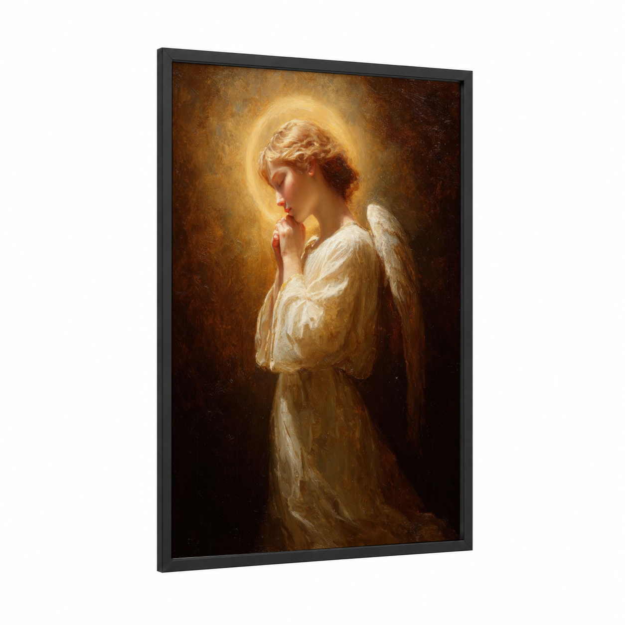 Praying Angel framed christian symbols print — black wood frame — gold and cream palette
