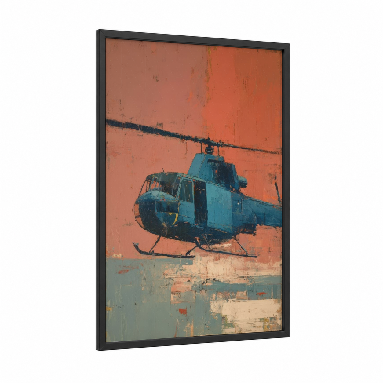 Vintage Helicopter framed art print — black wood frame — orange and blue palette