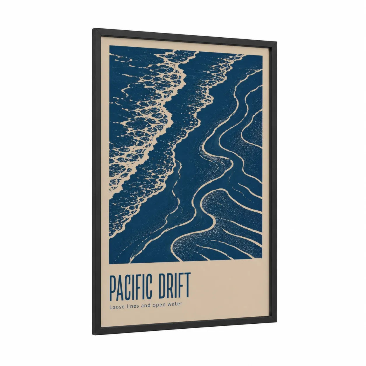 Ocean Waves Abstract Minimalist Wall Art framed seascapes and ocean print — black wood frame — blue and cream palette
