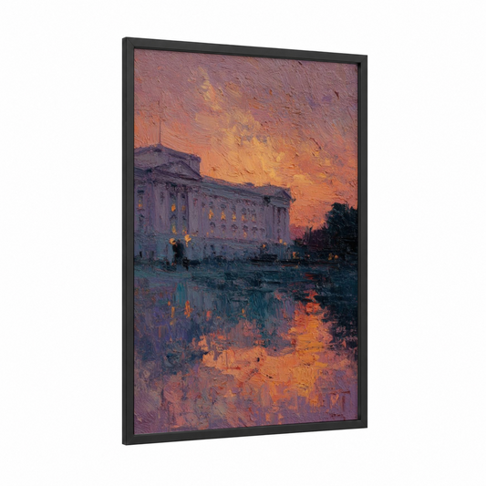 Golden Palace Sunset framed buckingham palace print — black wood frame — gold and orange palette