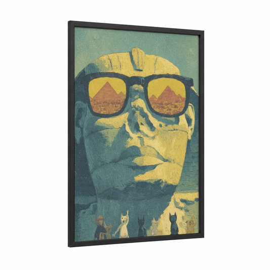Sunglasses Sphinx framed art print — black wood frame — yellow gold and blue palette
