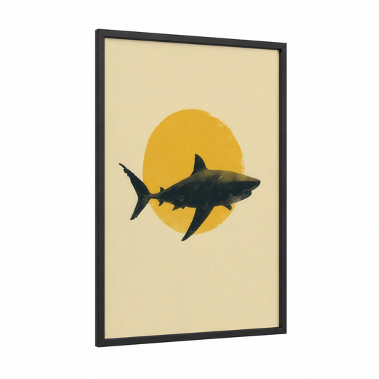 Golden Lemon Shark framed art print — black wood frame — yellow gold and black palette