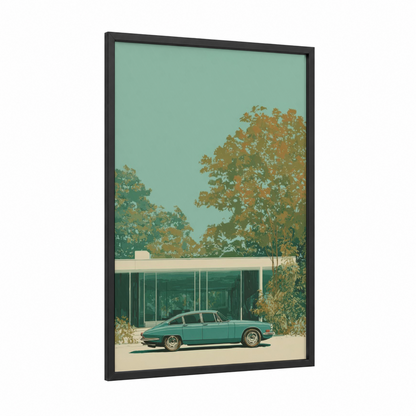 Turquoise Classic framed classic car print — black wood frame — teal and gold palette