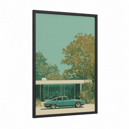Turquoise Classic framed classic car print — black wood frame — teal and gold palette