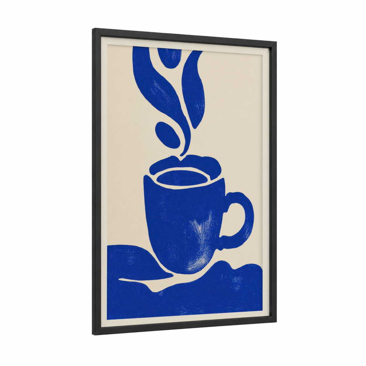 Steaming Coffee Minimal framed art print — black wood frame — blue and cream palette