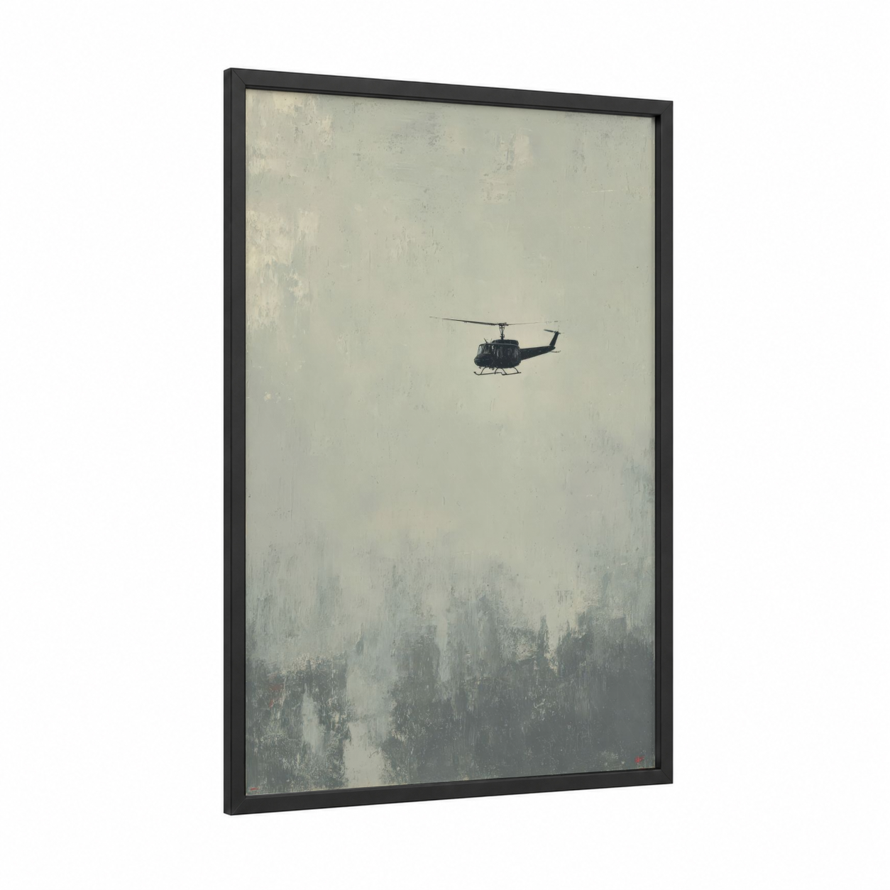Misty Helicopter framed art print — black wood frame — gray and beige palette