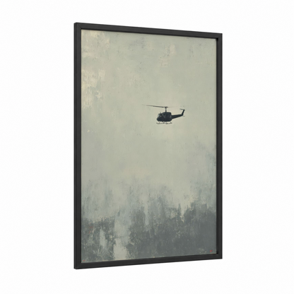 Misty Helicopter framed art print — black wood frame — gray and beige palette