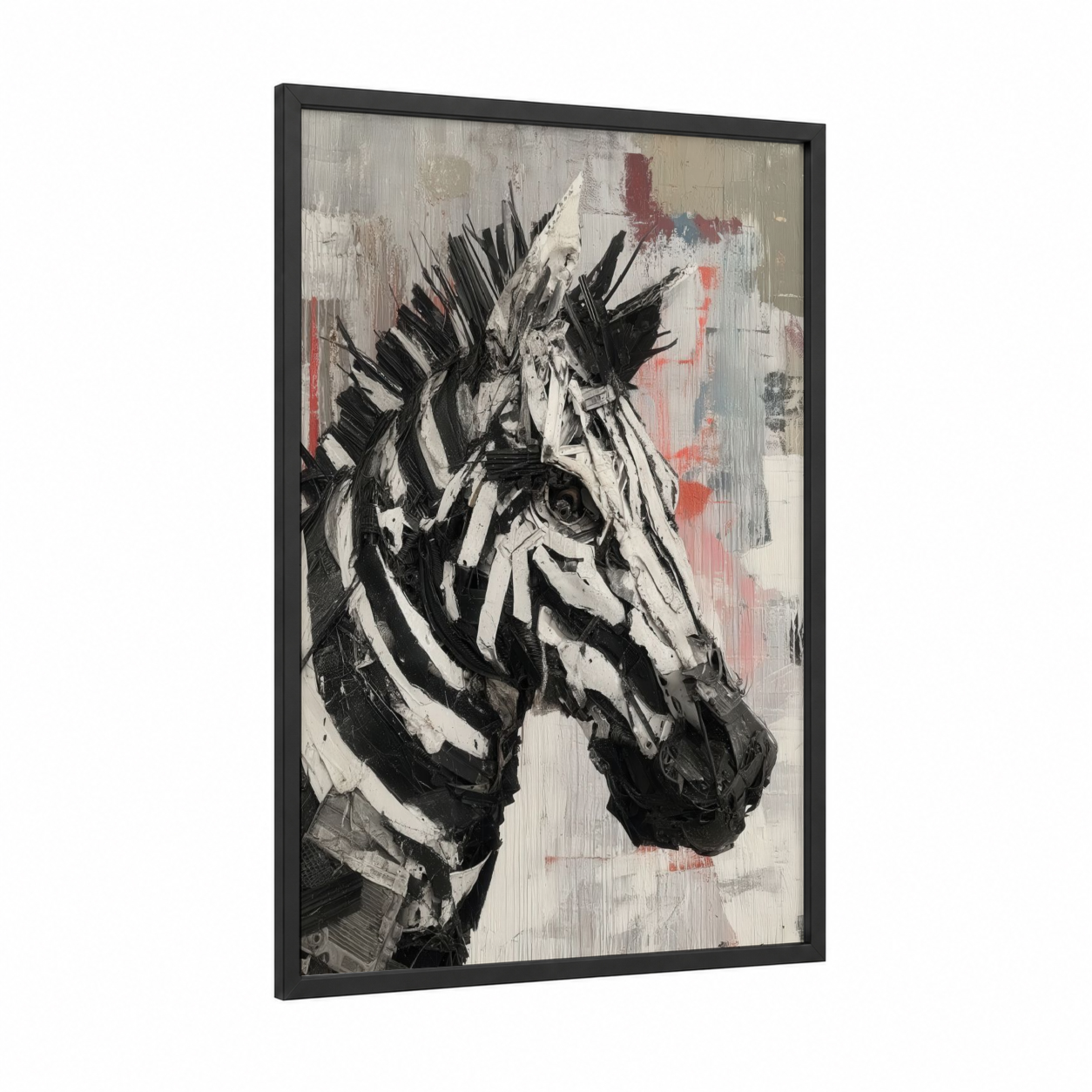 Striped Stallion framed zebra print — black wood frame — black and white and salmon pink palette