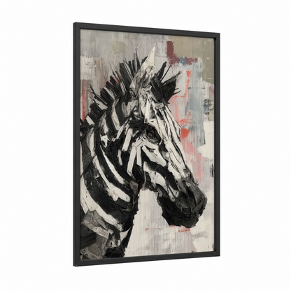 Striped Stallion framed zebra print — black wood frame — black and white and salmon pink palette