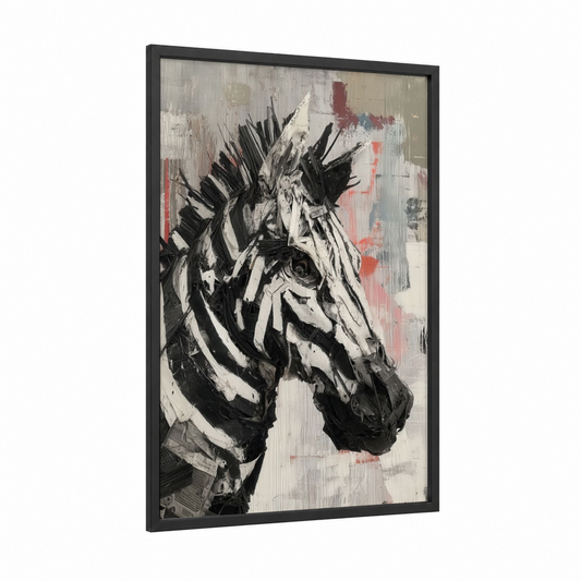 Striped Stallion framed zebra print — black wood frame — black and white and salmon pink palette