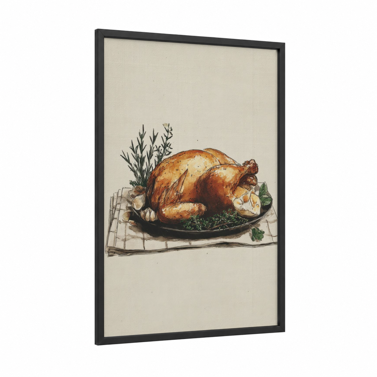 Roasted Chicken Classic framed poultry print — black wood frame — cream and russet palette