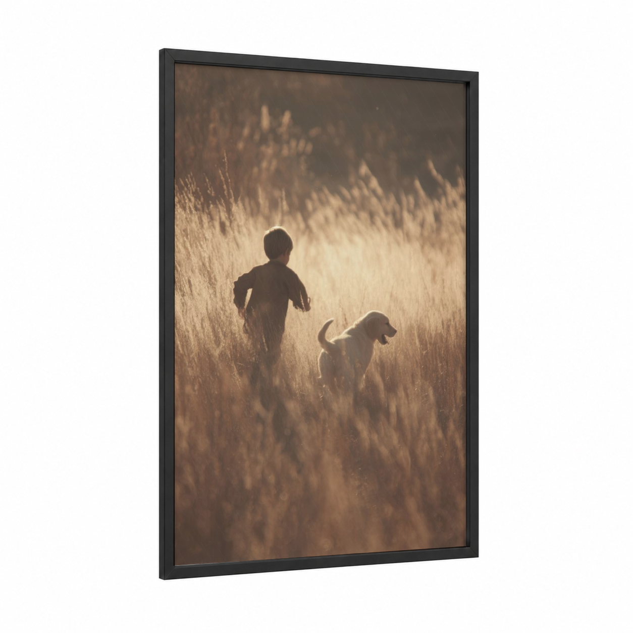 Golden Hour Adventure framed kids animals print — black wood frame — gold and brown palette
