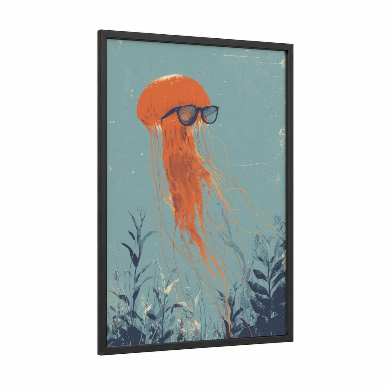 Sunglasses Jellyfish framed art print — black wood frame — orange and teal palette