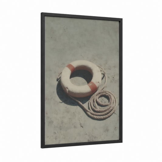 Coastal Lifeguard Ring framed life ring print — black wood frame — white and russet palette
